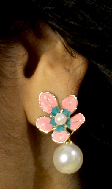 Floral Enamel Stud Earrings with Pearl Drop – Pink & Gold